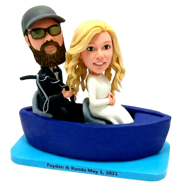 Custom cake topper couple fishing in boat wedding